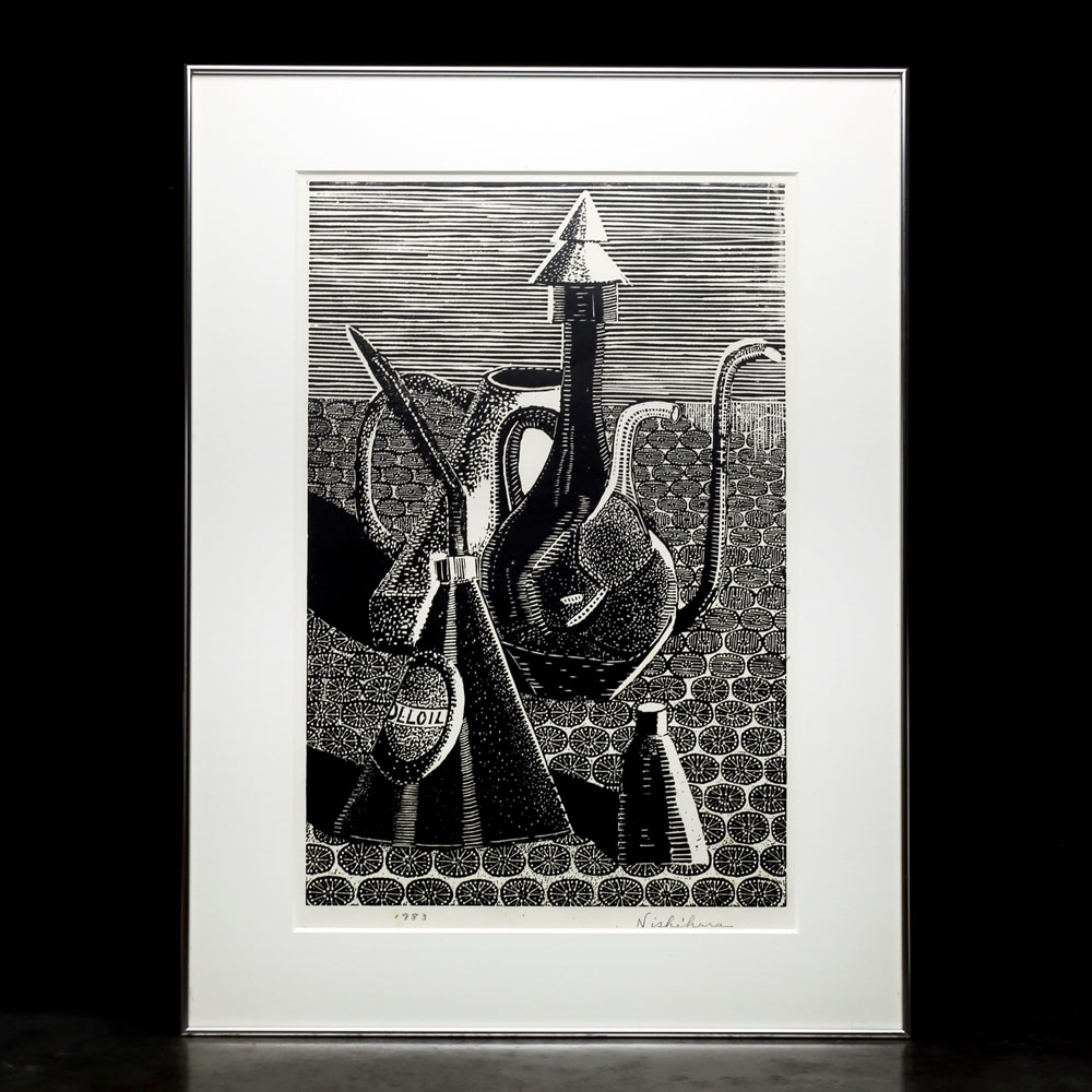 近代版画日本未知画家nishihara1983年桌上静物黑白现代装饰画