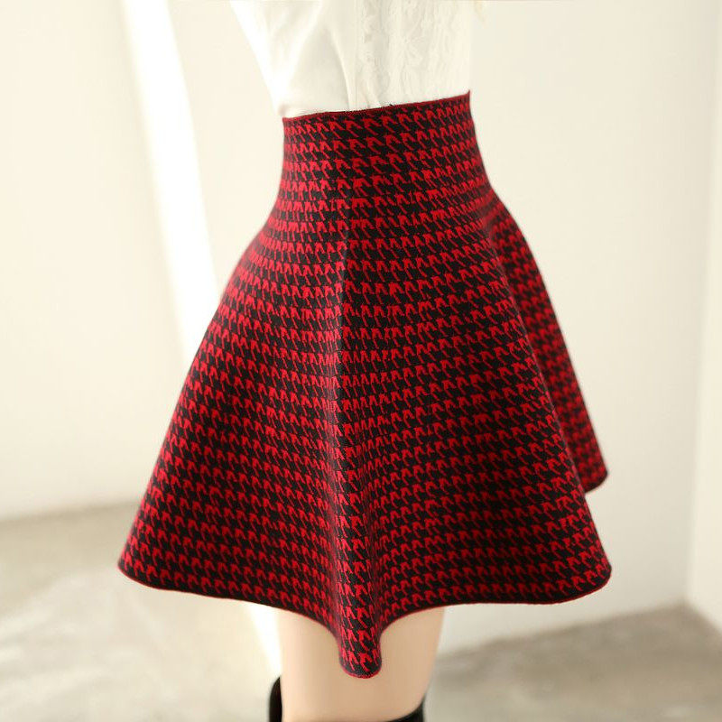 秋装新款百搭针织百褶裙千鸟格短裙伞裙高腰半身半身裙
