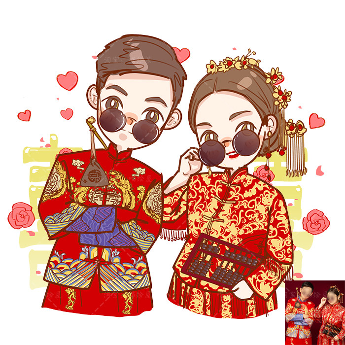 萌版马克笔婚礼手绘请柬插画请帖邀请函定制q版卡通漫画情侣头像