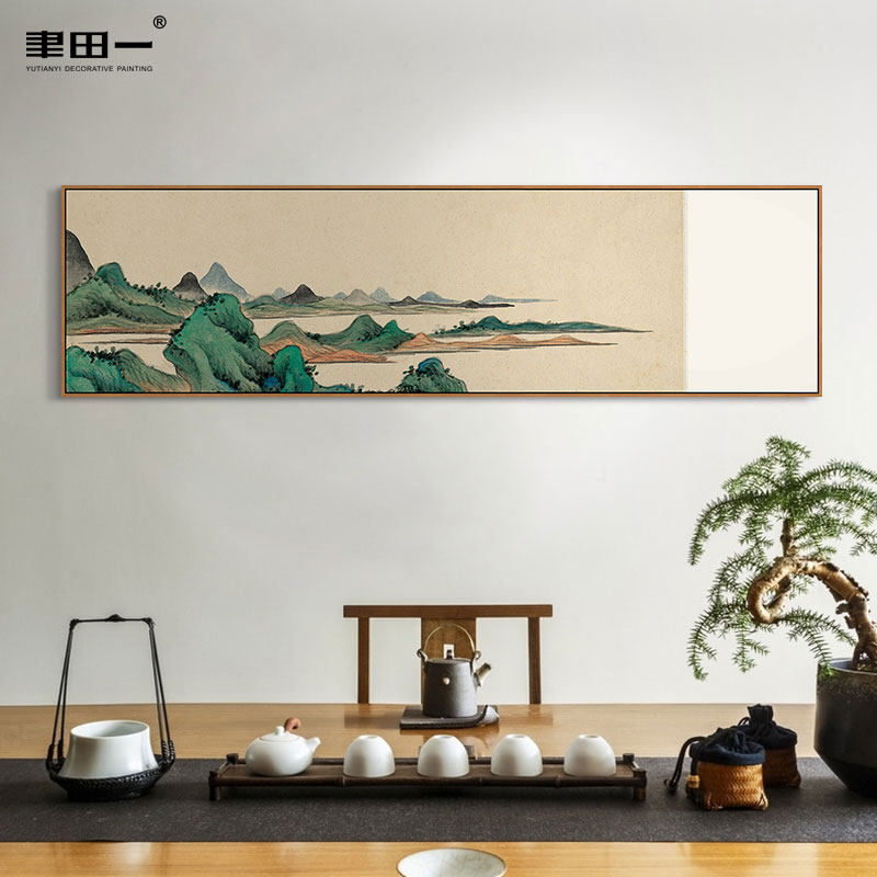 中式古典青绿山水客厅沙发背景墙横版装饰画水墨现代装饰画