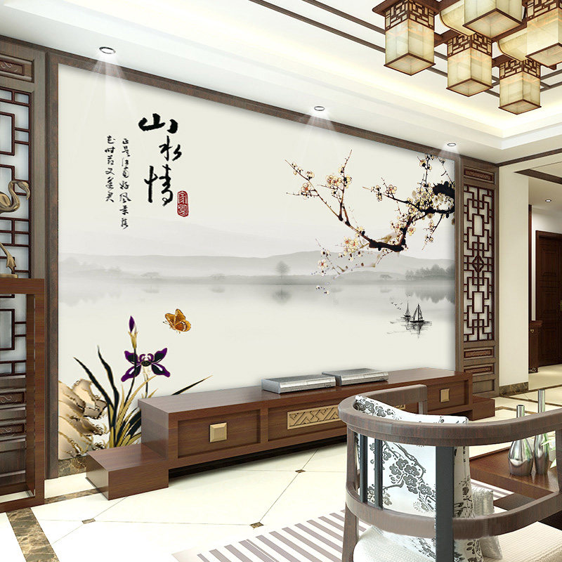 中式电视背景墙壁纸水墨山水情装饰壁画简约现代无纺布墙纸