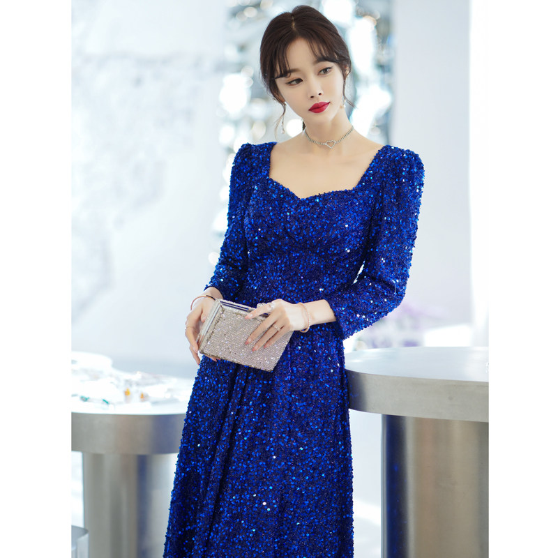 蓝色质感晚礼服裙女宴会气质高贵轻奢小众高端礼服