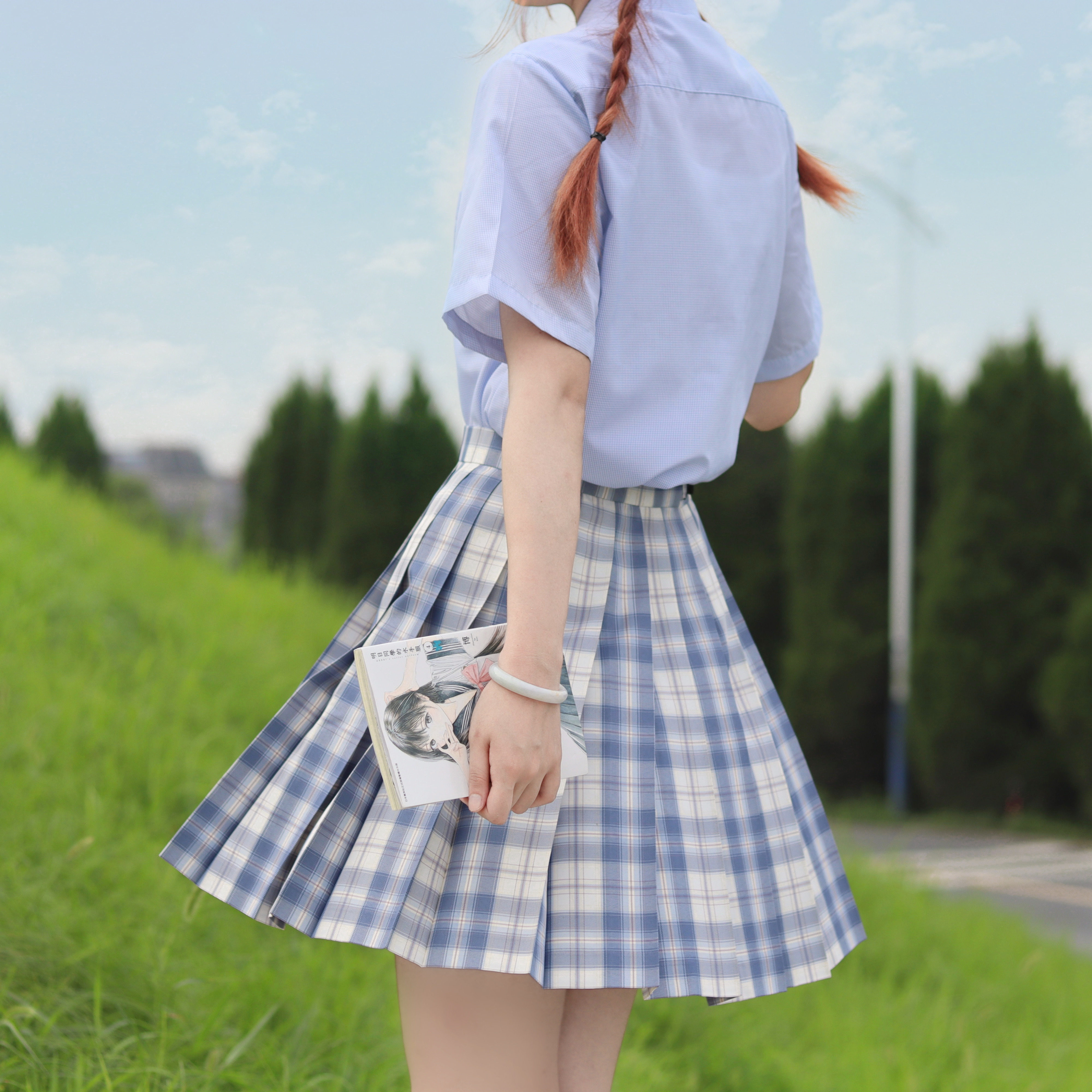 jk制服九蛋烟云现货原创正版蓝白蓝格百褶裙半身裙
