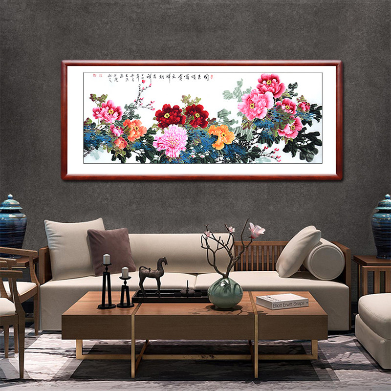 字画翰澎手绘国画牡丹横幅办公室客厅装饰画花开富贵国画
