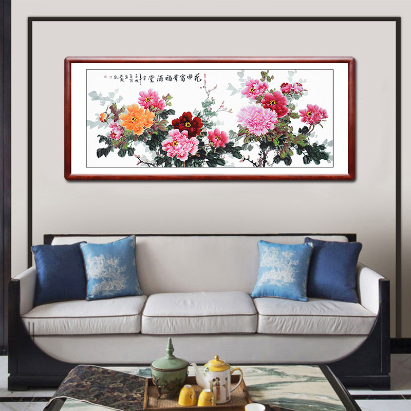 字画翰澎手绘国画牡丹横幅办公室客厅装饰画花开富贵国画
