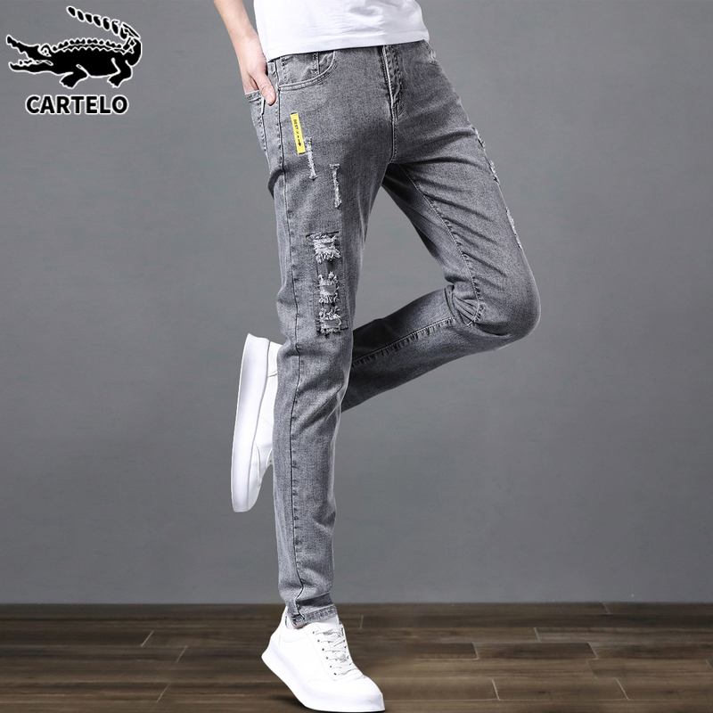 鳄鱼痞帅破洞牛仔裤男士夏季薄款潮牌修身小脚百搭休闲长裤子男裤