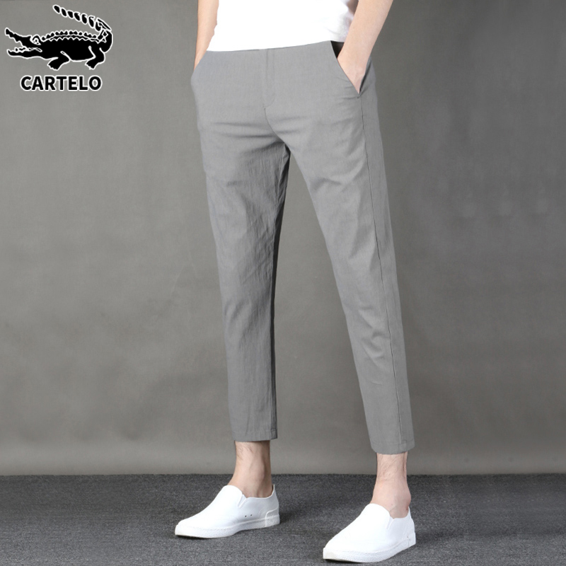 鳄鱼亚麻九分休闲长裤男士修身西裤潮流棉麻灰色八分裤子男夏季潮