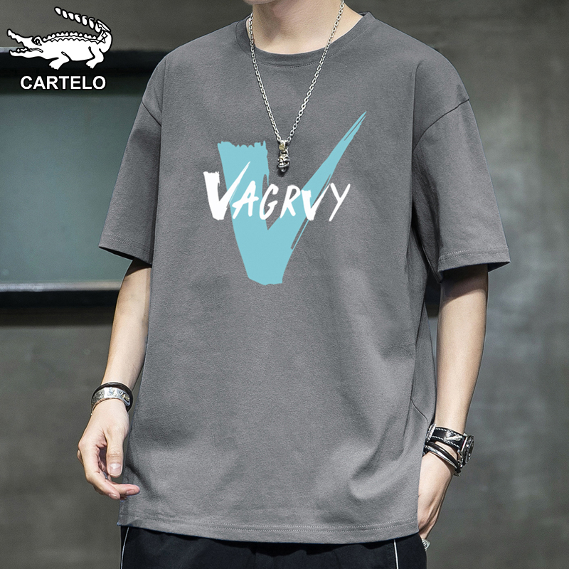 鳄鱼灰色短袖t恤男士夏季潮流衣服宽松休闲半袖体恤男装2022新款