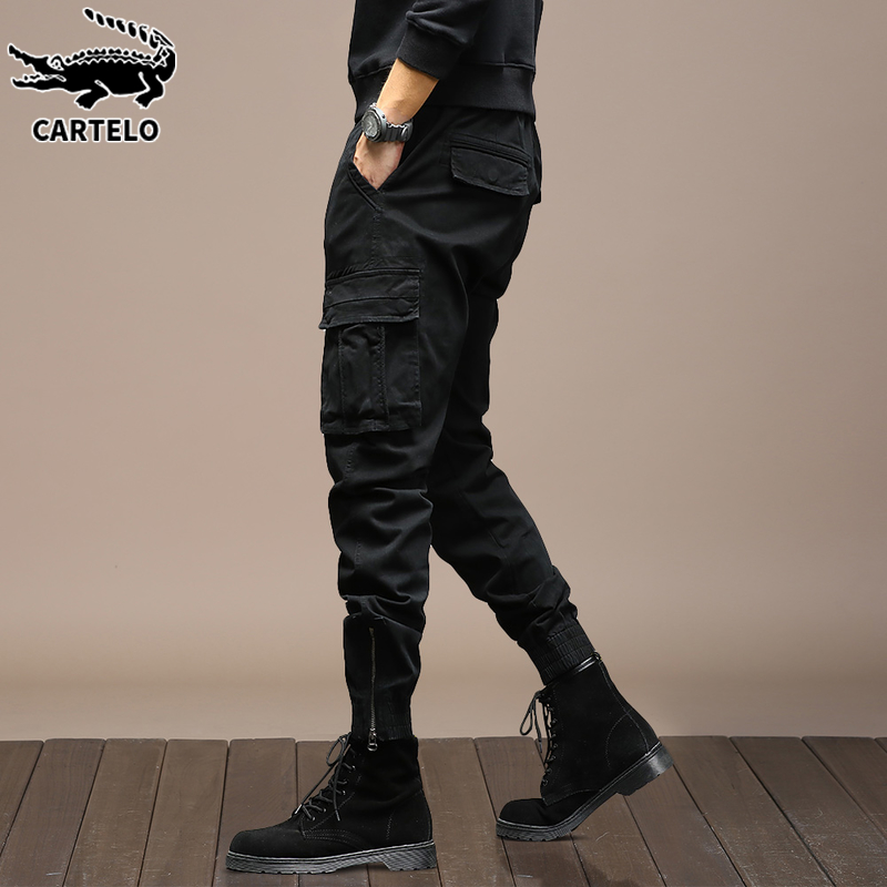 鳄鱼痞帅工装裤男士夏季青年黑色宽松束脚裤九分休闲长裤子男裤薄