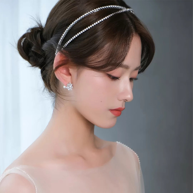 2021新娘头饰简约百搭合金镀银水钻交叉发箍日韩婚纱礼服造型配饰