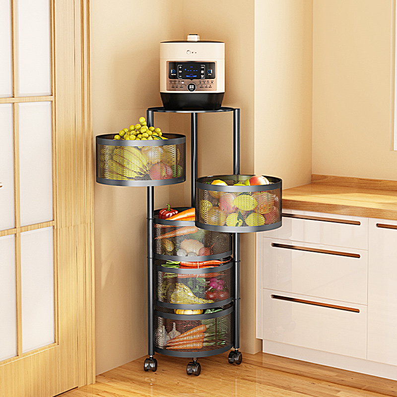 蔬菜旋转置物架厨房落地多层家用圆柱形菜架圆形厨房置物架