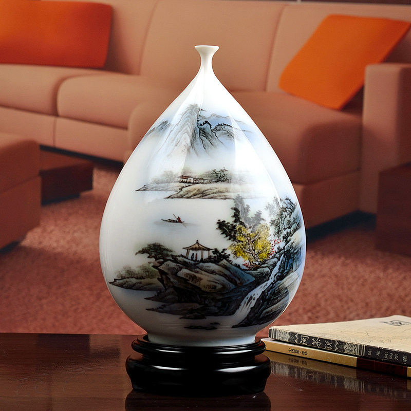 东方泥土陶瓷手绘花瓶摆件釉下五彩中式古典客厅摆件