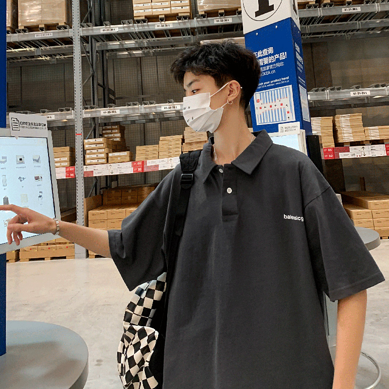 短袖t恤男夏季港风潮流宽松ins学生POLO衫潮牌休闲百搭半袖上衣服