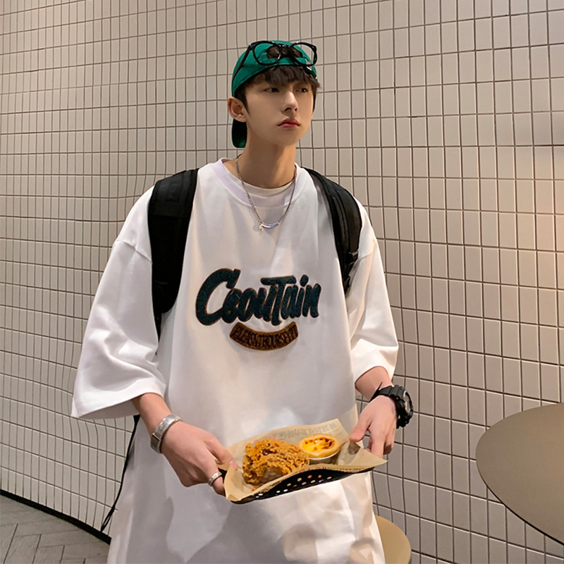 240G重磅短袖t恤男夏季ins潮流字母刺绣上衣宽松潮牌港风百搭体恤