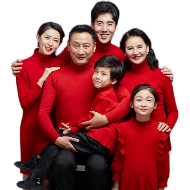 新款新年摄影主题亲子毛衣红色家庭六口影楼亲子装
