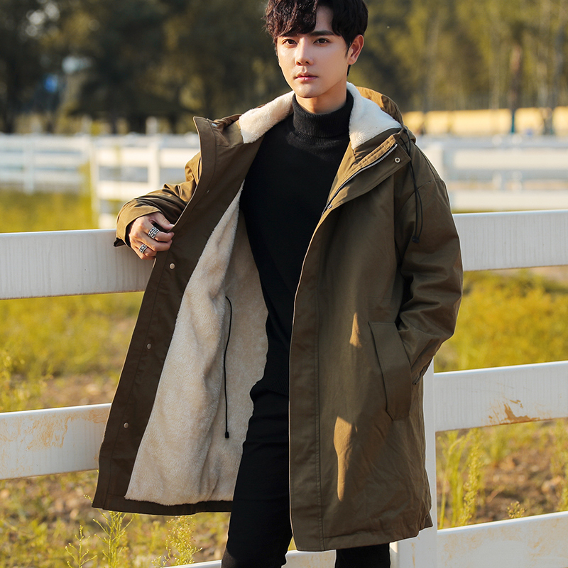 秋冬季男装2021新款外套男士加绒加厚风衣中长款潮流青年大衣百搭