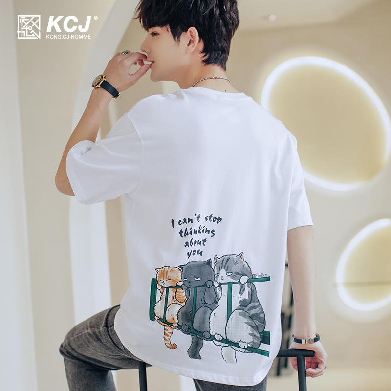 男t恤短袖纯棉韩版宽松休闲半袖ins国潮夏季新款猫咪印花圆领上衣
