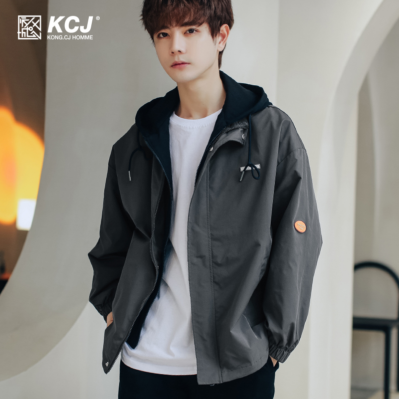 外套男ins港风潮流2022春秋装季新款假两件连帽宽松休闲学生夹克