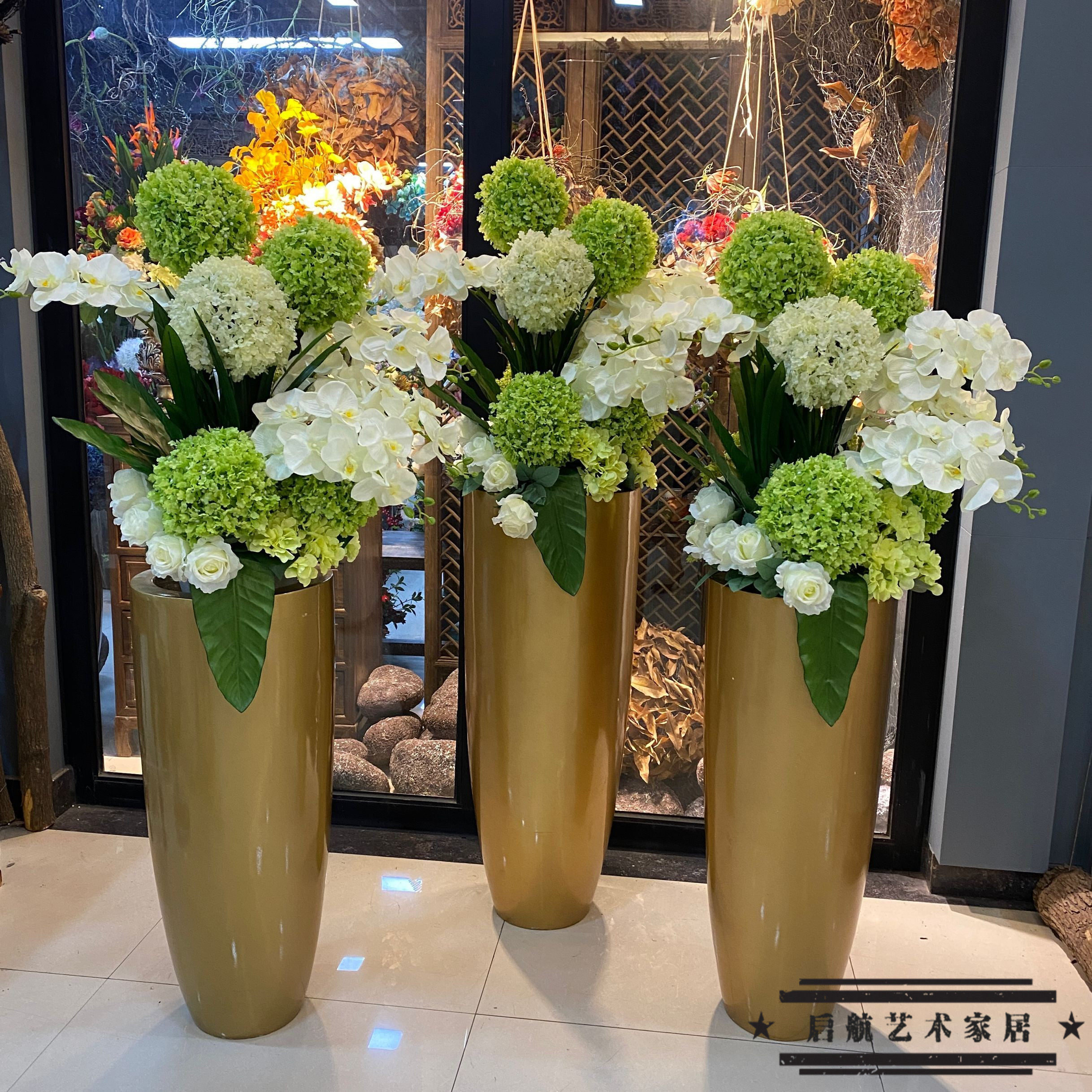 金色玻璃钢落地大花瓶仿真插花花艺套装酒店商场花瓶