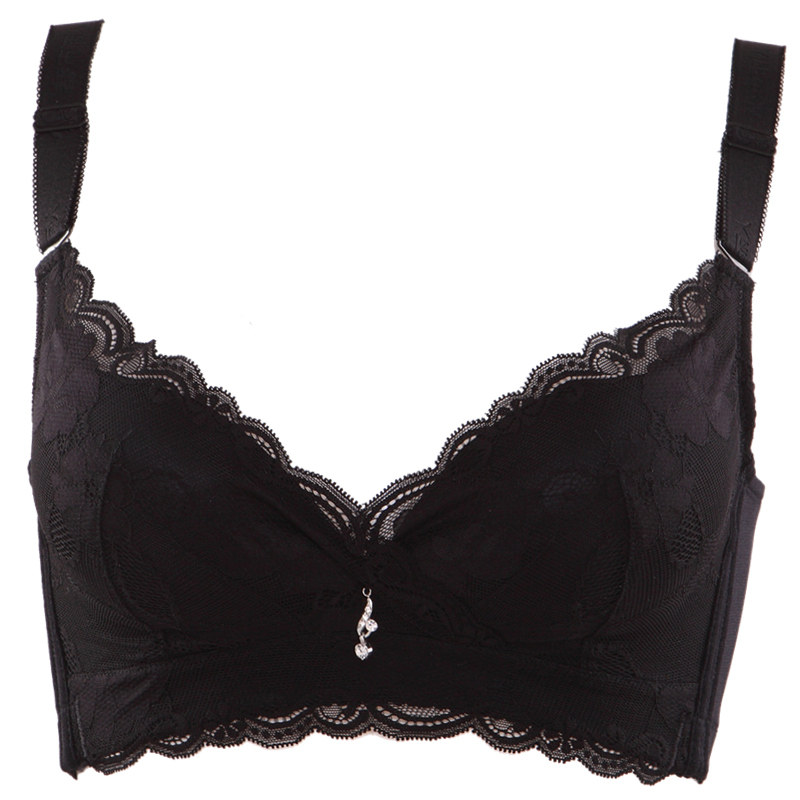 都市丽人文胸女性感蕾丝聚拢调整型美背无钢圈黑色女士内衣小胸罩