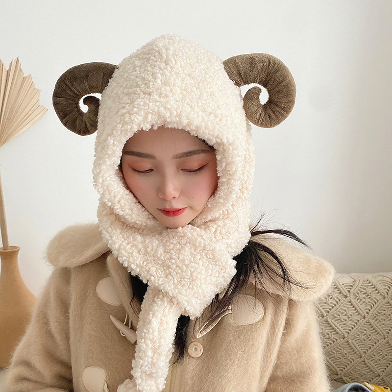 甜美可爱绵羊羊角羊羔毛帽子女秋冬冬天保暖帽子