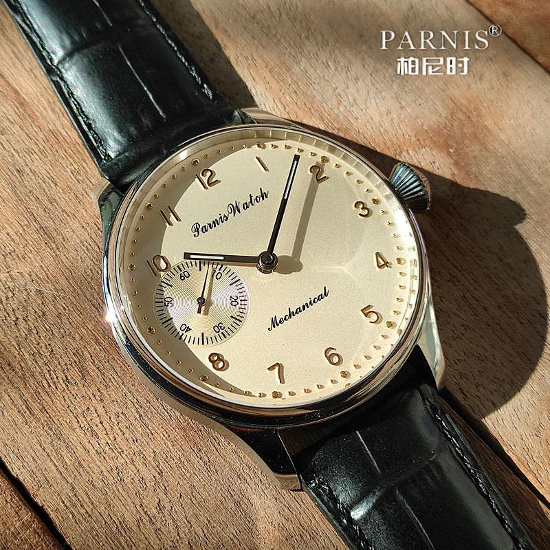 Parnis柏尼时手动机械表尚古商务海鸥st3600芯男士金字针真皮正品