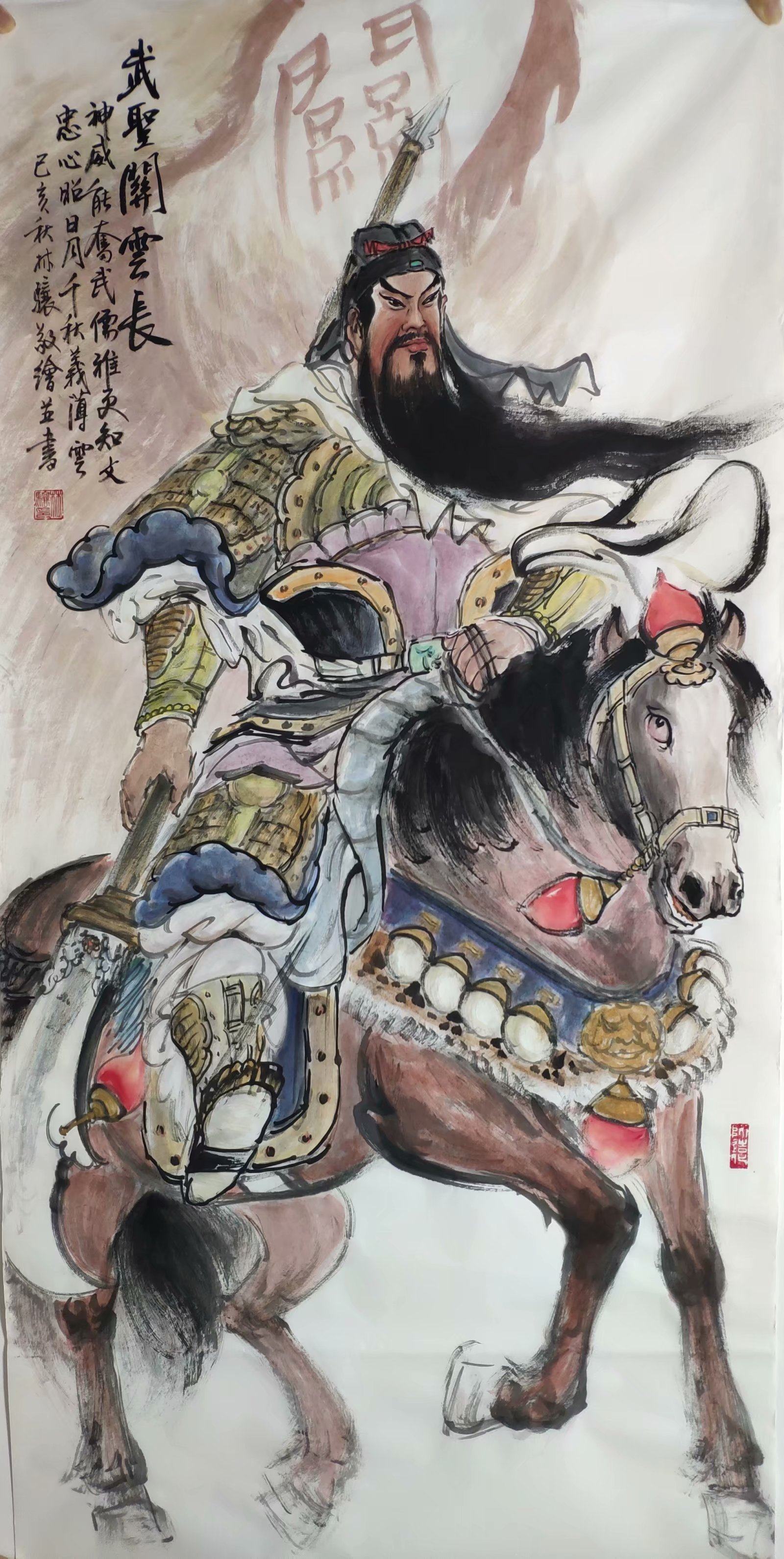 九牧墨轩字画国画人物四尺关公关羽夜读春秋骑马持刀名家手绘真迹