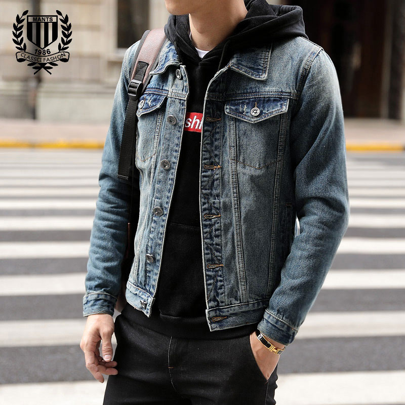 2022年新款春秋季修身高中生潮加绒夹克韩版短款牛仔外套男深蓝色