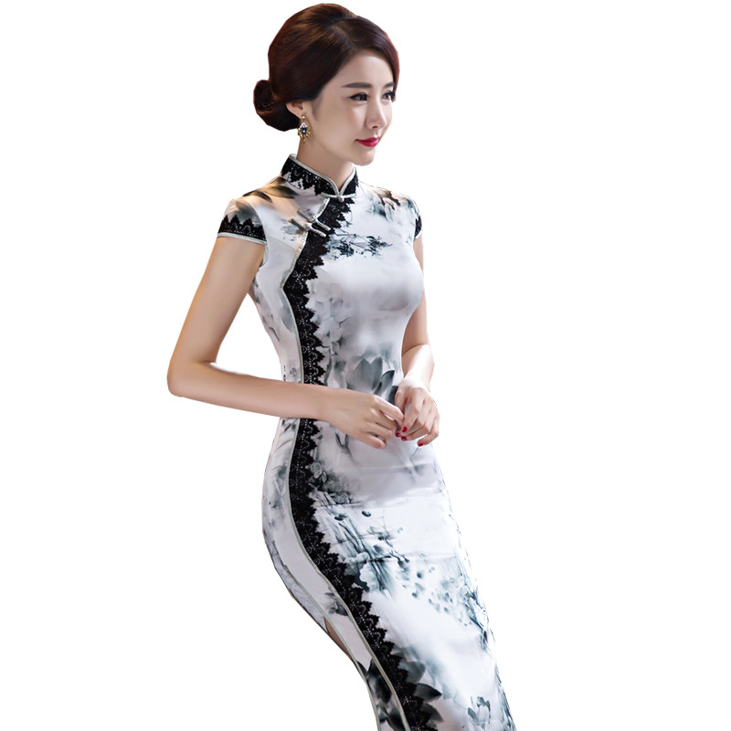 张曼玉同款正宗传统旗袍时装版老上海走秀水墨旗袍