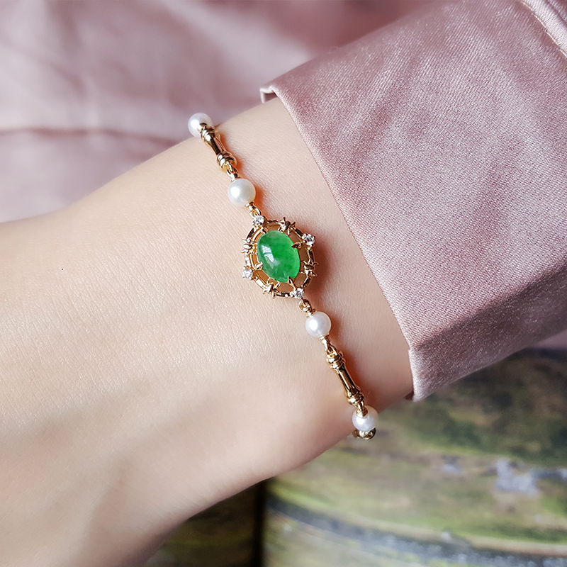 翡翠汉桑阳绿货冰种玉石镶嵌金镶嵌18k轻奢手链手链