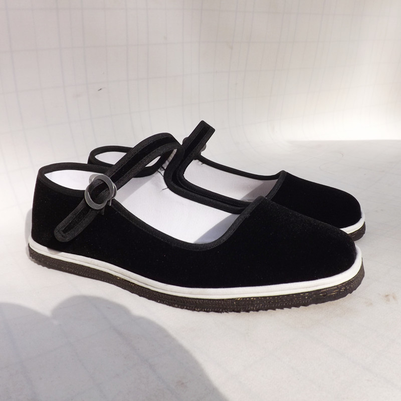 现做塑料底方口一带方口无带黑平绒布鞋男女式布鞋塑料底平底布鞋