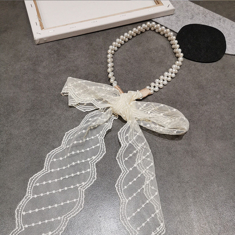 蕾丝珍珠发箍飘带发带仙女夏季法式丝带蝴蝶结发饰
