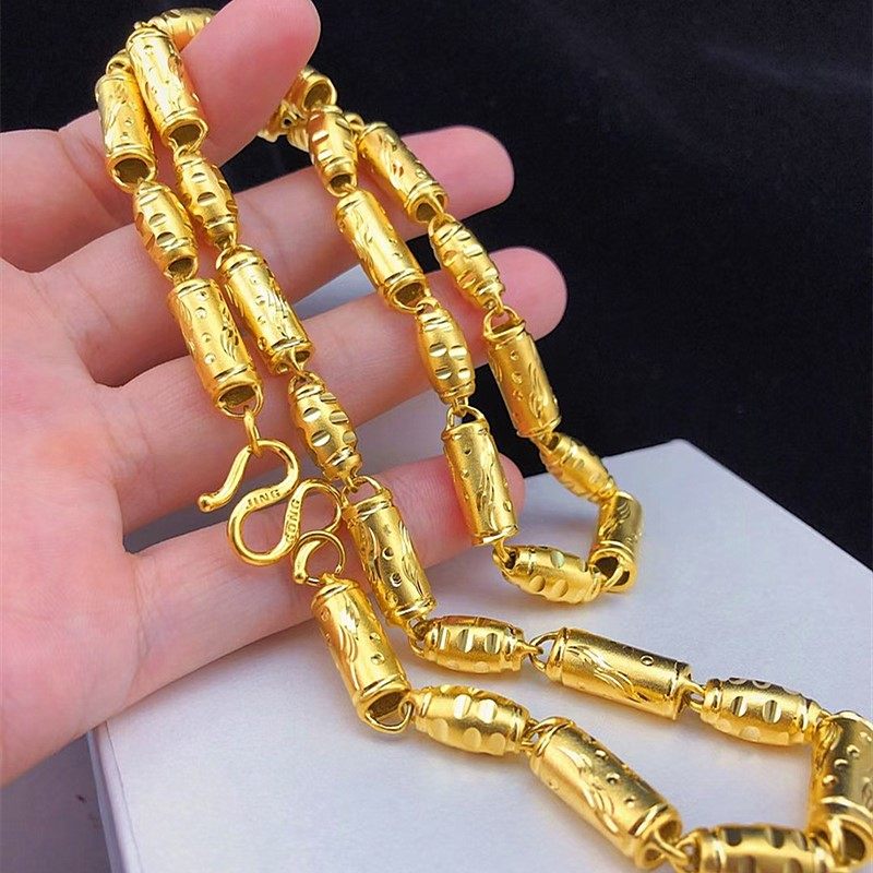 黄金项链男士橄榄圆珠车花空心圆柱雕花时尚颈饰