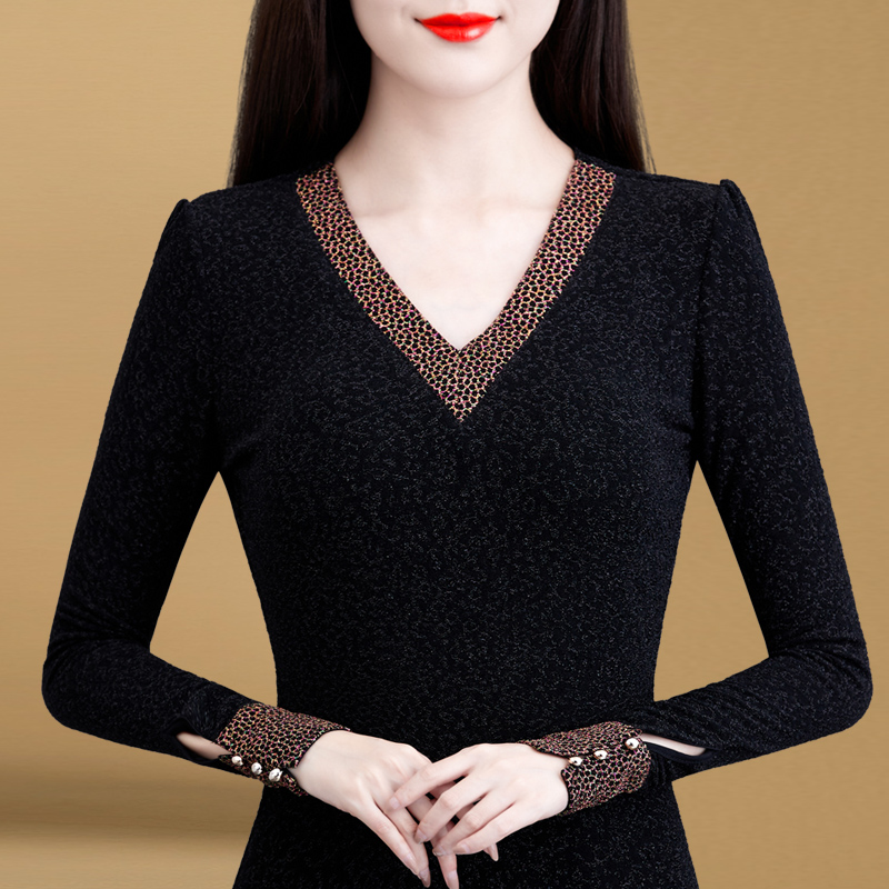 秋季女装打底衫女长袖2021新款时尚秋冬加绒加厚黑色百搭V领上衣