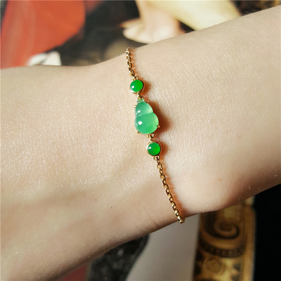 汉桑原创翡翠手链18k金镶嵌缅甸天然正品冰种葫芦手链金镶玉手链