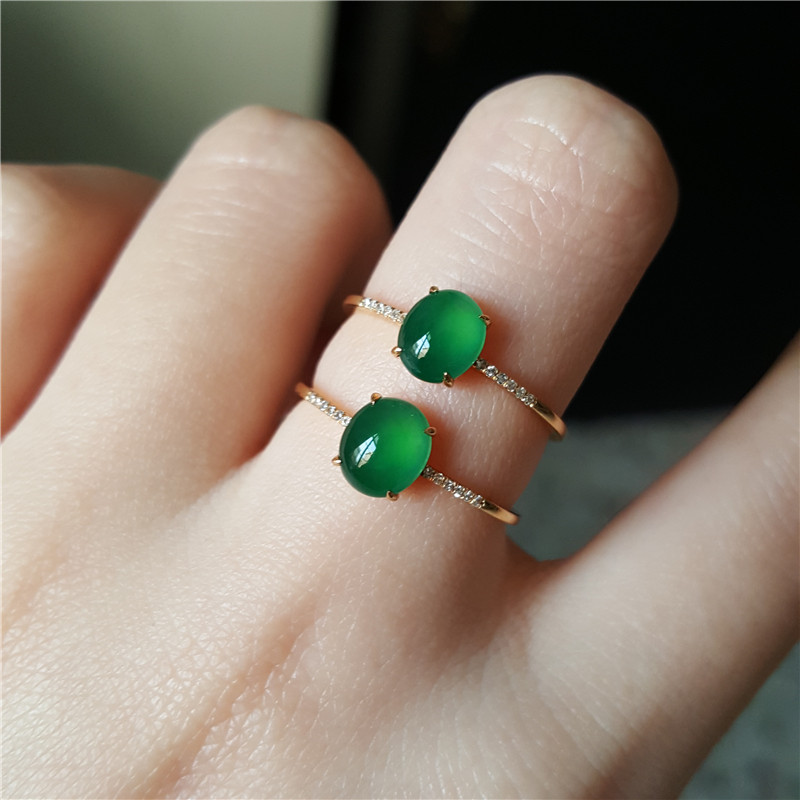 翡翠戒指汉桑原创冰种阳绿蛋面戒面镶嵌18k手饰
