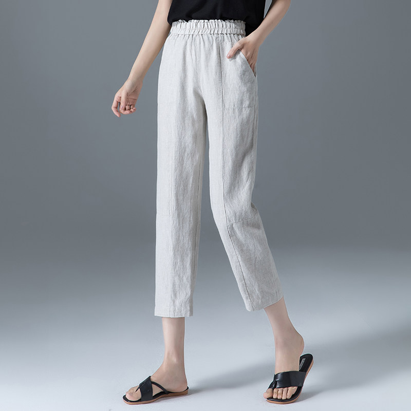 松紧亚麻裤直筒宽松女夏薄款九分棉麻女裤休闲裤休闲裤