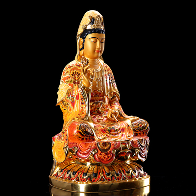 家用台湾纯铜彩绘观世音菩萨佛像供奉莲花座娑三圣西方摆件