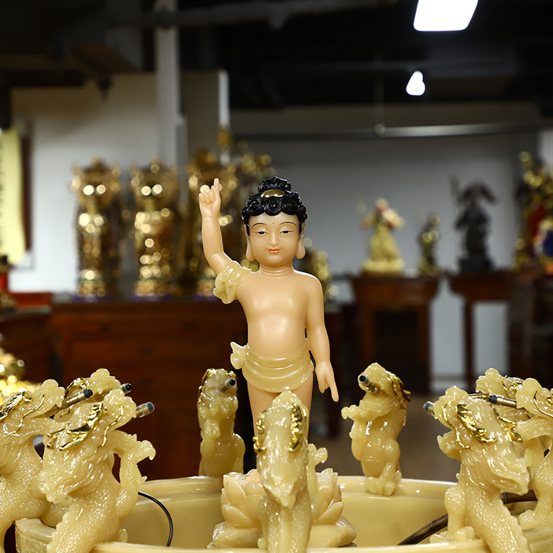 水浴圆通佛具石雕汉白玉九龙佛盆可喷佛节太子摆件