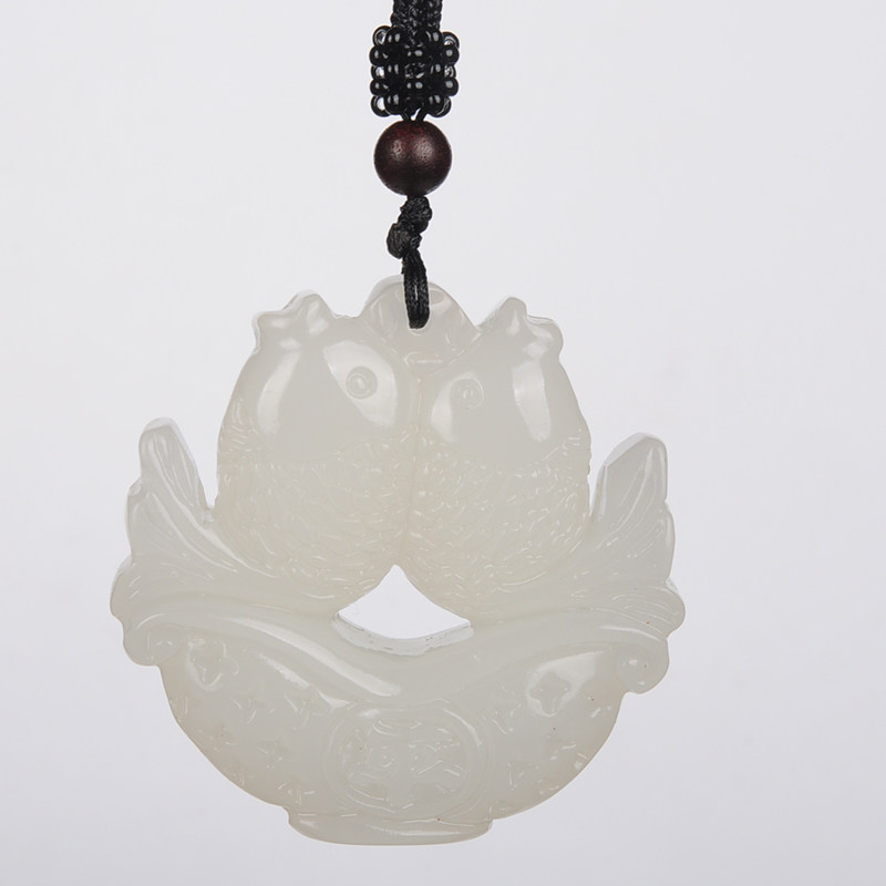 新疆和田富贵平安玉牌白玉双鱼挂件玉坠男女款颈饰