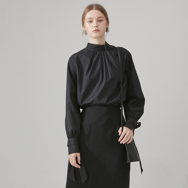 aum噢姆玛丝菲尔春季新款黑色棉质蝴蝶结衬衫立领百搭女衬衣