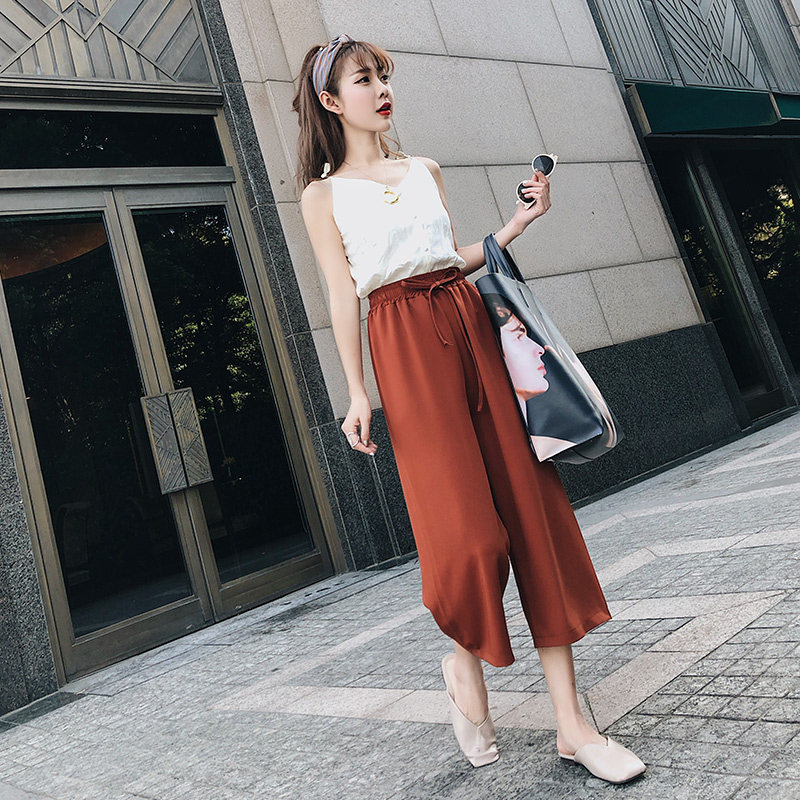 阔腿裤女夏雪纺高腰垂感2020新款宽松薄款七分八分小个子直筒裤子