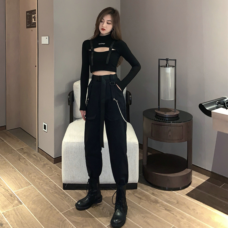 高腰工装束脚裤女秋季酷酷风格女装宽松bf蹦迪上衣帅气炸街套装潮