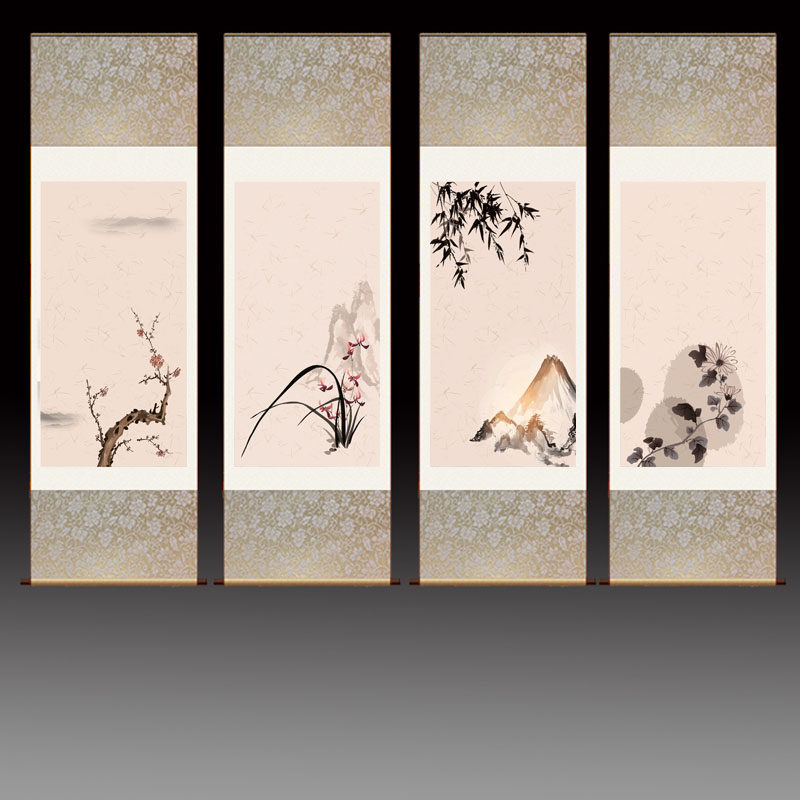 梅兰竹菊丝绸画卷卷轴国画宣纸家居装饰玄关客厅装饰国画