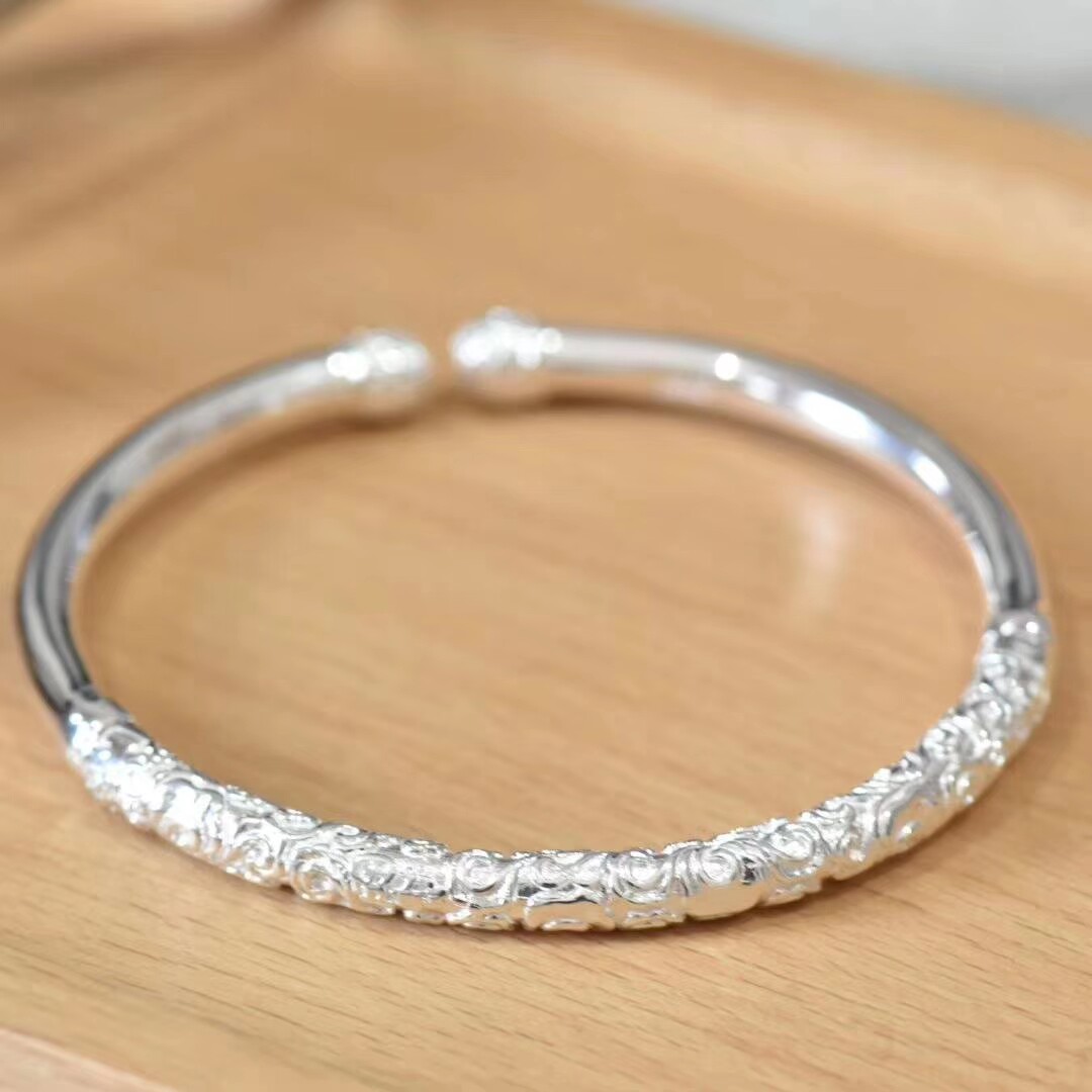 民族风实心足银云南雪花银祥祥云如意金箍棒纯银手镯