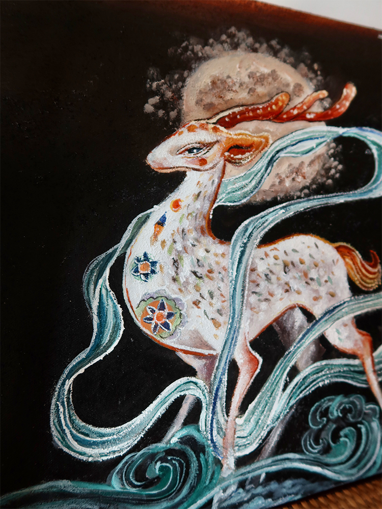 九色鹿黑标珍稀石刻手绘敦煌壁画吉祥装饰画客厅现代装饰画