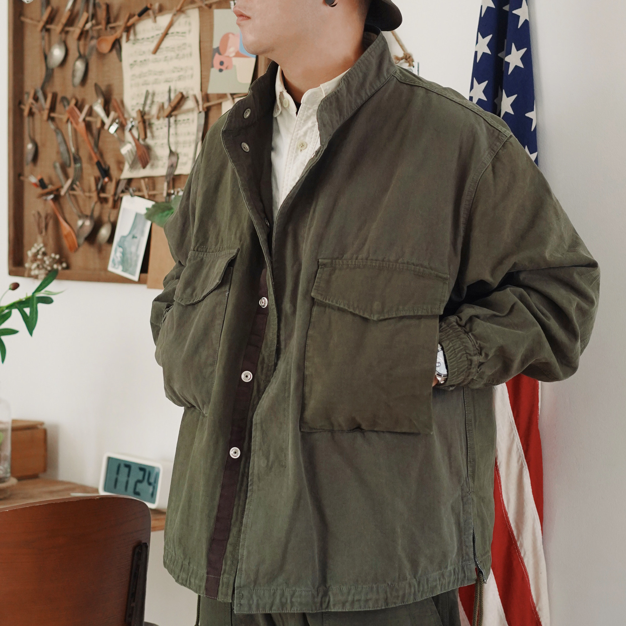 focusblue不对称拼接腰果军事风双袋飞行夹克教练外套夹克