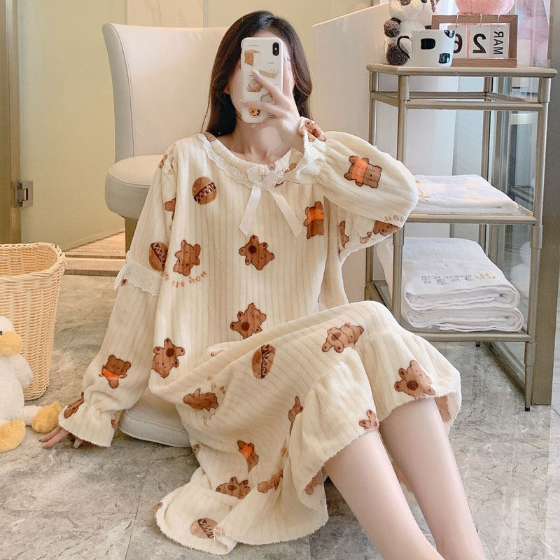 长袖睡裙秋冬季甜美可爱学生加大码宽松可外穿睡裙