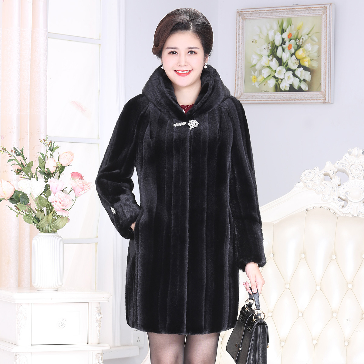 水貂中长妈妈外套2021年新款貂皮大衣女中中老年皮草