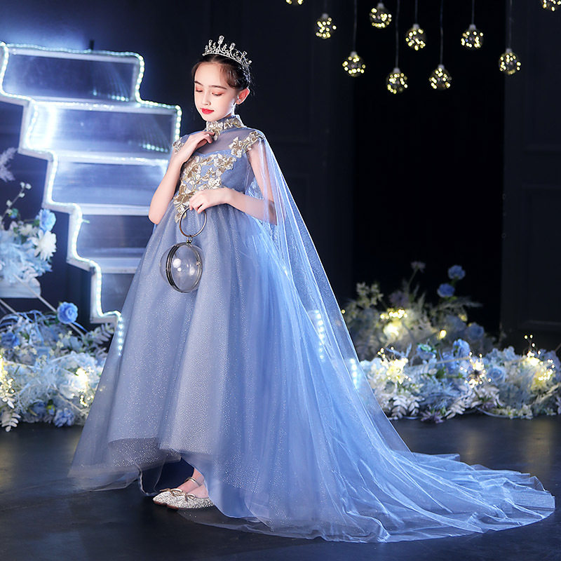 小女孩生日公主裙红毯走秀款披肩纱拖尾儿童琵琶儿童礼服